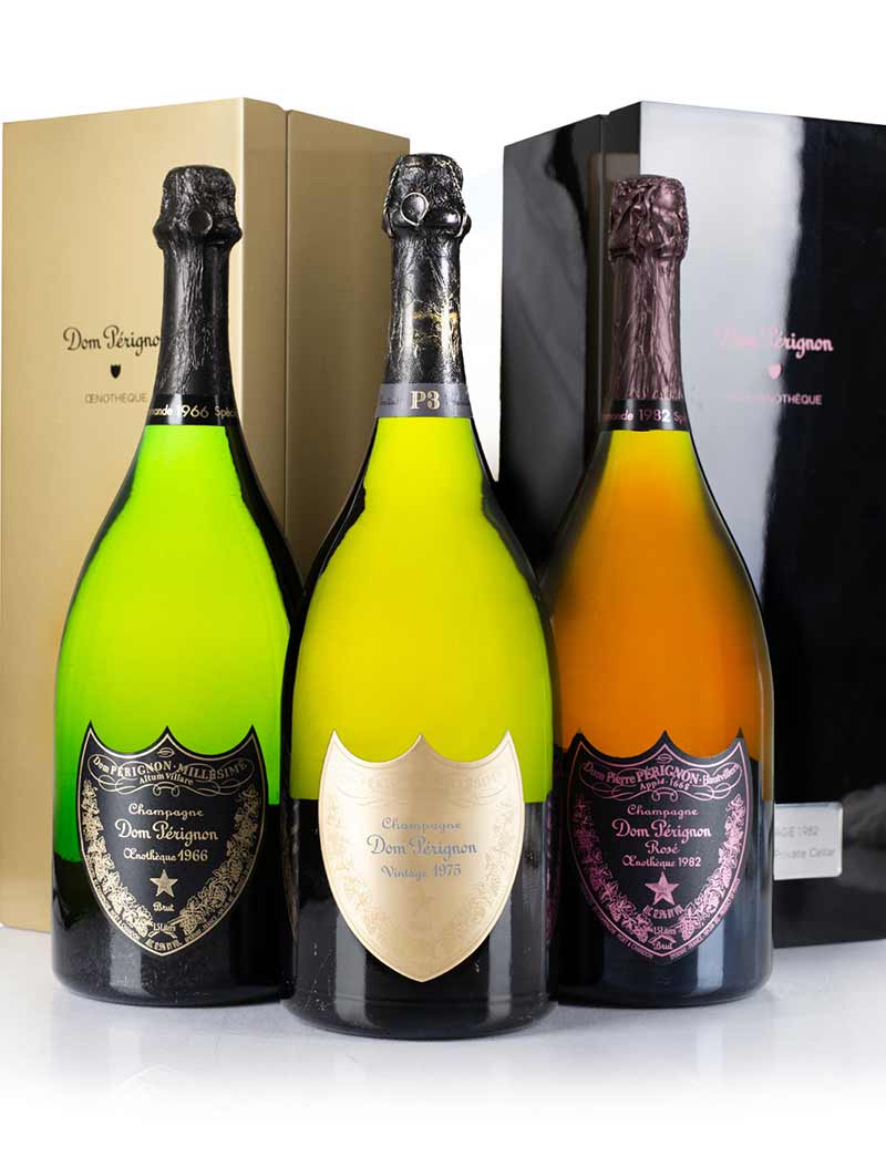 Lot 1413, 1414, 1416: 1 magnum each 1966 Dom Perignon Vintage Champagne Oenotheque, 1975 Oenotheque Rose, & 1982 P3